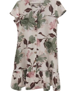 Vestido corto con estampado de hojas en tonos tostados, verdes y rosas sobre fondo claro, escote en V, botones de madera y do