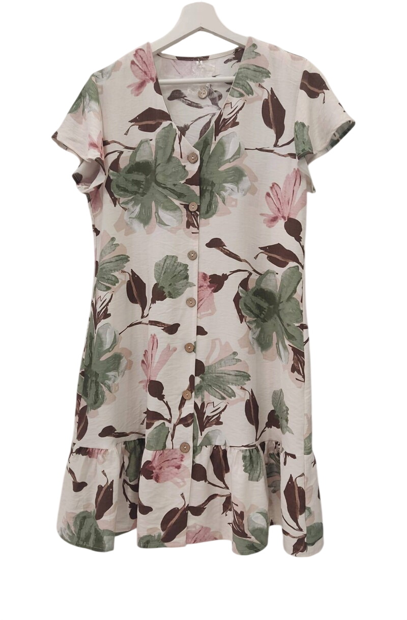 Vestido corto con estampado de hojas en tonos tostados, verdes y rosas sobre fondo claro, escote en V, botones de madera y do