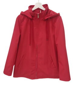 Parka fina roja para chica, de poliéster, con capucha desmontable, bolsillos laterales inclinados y cremallera a tono, corte