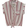 Camisa de chica con cuello mao, rayas verticales en blanco y rojo vino, manga corta murciélago, bolsillo en el pecho y cierre