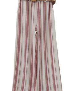 Pantalón culotte de rayas verticales en blanco y rojo para chica, cinturilla elástica con cinturón trenzado beige, corte holg