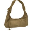 Bolso de antelina beige estilo boho para chica, decoración de tachas doradas envejecidas, flor en relieve sobre el asa, nudo