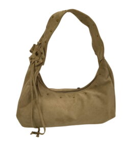 Bolso de antelina beige estilo boho para chica, decoración de tachas doradas envejecidas, flor en relieve sobre el asa, nudo