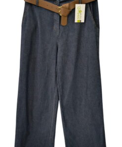 Pantalón ancho vaquero azul oscuro para chica, tejido ligero de mezcla elástica, cinturón marrón de hebilla dorada y bolsilos