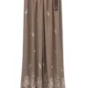 Pantalón flojo de viscosa marrón claro para chica con estampado cachemir y flores, cinturón trenzado marrón oscuro y hebilla.