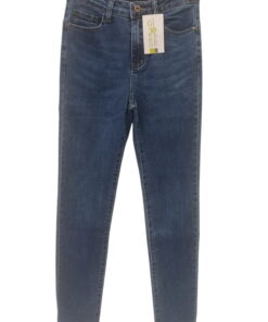 Vaquero skinny de chica en azul índigo con tiro alto, tejido elástico de algodón, poliéster y elastano, cinco bolsillos, cost