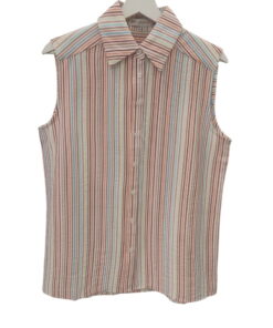 Camisa sin mangas para chica de rayas verticales multicolor en tonos azul cielo, beige y marrón terroso, tejido ligero de alg