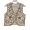 Chaleco vaquero de algodón beige claro para chica con bordados marrón claro en forma de estrellas, espirales y hojas, corte V
