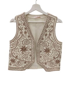 Chaleco vaquero de algodón beige claro para chica con bordados marrón claro en forma de estrellas, espirales y hojas, corte V