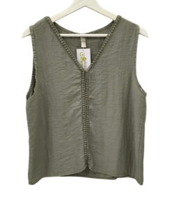 Blusa sin mangas en verde oliva para chica, tejido arrugado de viscosa, escote en V y cinta decorativa de puntos en el cuello