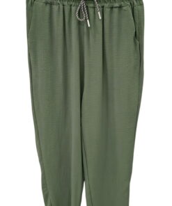 Pantalón flojo largo verde oliva para chica, corte holgado con cintura elástica, cordón ajustable blanco y negro, bolsillos y