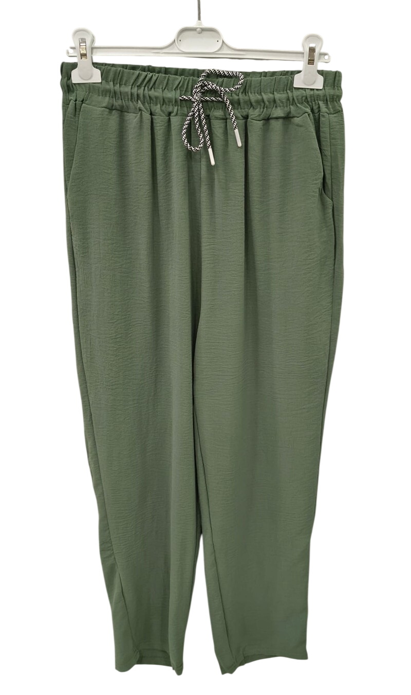 Pantalón flojo largo verde oliva para chica, corte holgado con cintura elástica, cordón ajustable blanco y negro, bolsillos y