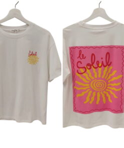 Camiseta blanca de manga corta para chica con estampado grande en la espalda y pequeño print en el pecho, palabra le Soleil y