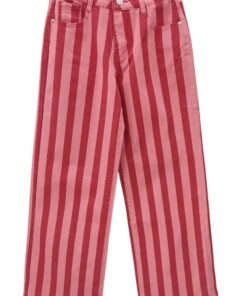 Pantalón vaquero wide leg de rayas verticales bicolor en tonos rosa y rojo para chica, con tiro medio, pierna ancha y detalle