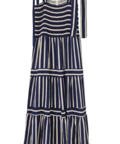 Vestido largo de rayas azul marino y blanco para chica, tejido de viscosa suave, parte superior engomada y asas ajustables de
