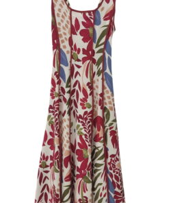 Vestido largo tobillero con estampado floral color granate, tirantes anchos, escote cuadrado, goma trasera y bolsillos latera