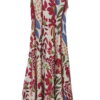 Vestido largo de tirantes anchos con estampado floral en tonos granate, verde y azul sobre fondo blanco, espalda elástica y g
