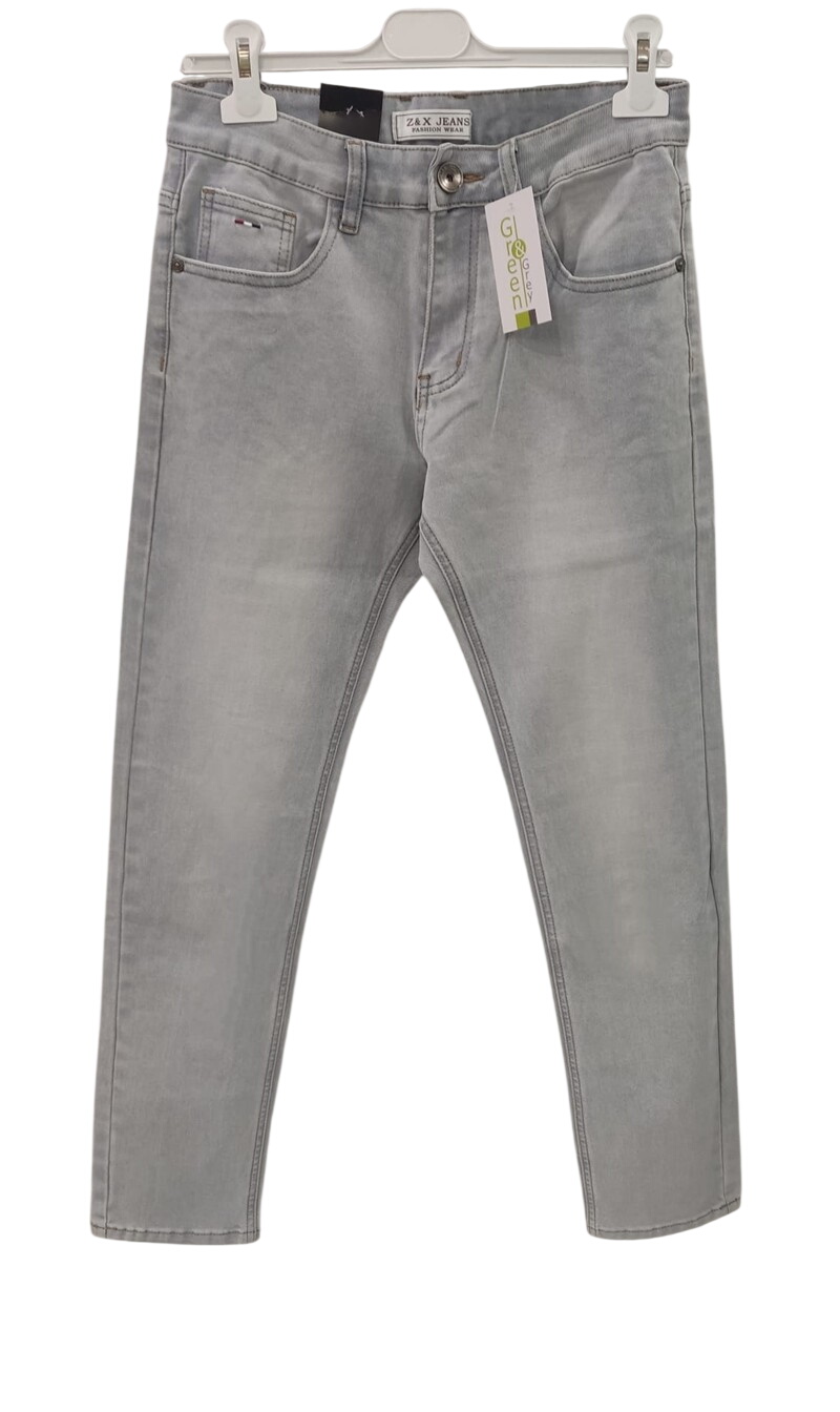 Pantalón vaquero gris claro para chico, corte regular, cierre de botón y cremallera, cinco bolsillos y costuras visibles para
