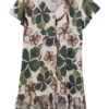 Vestido floreado corte flojo para chica, con volante en el bajo, botones de madera visibles, estampado en tonos verdes, marró