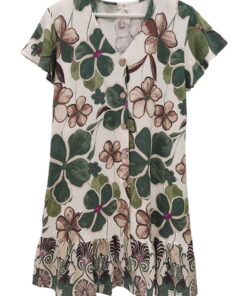 Vestido floreado corte flojo para chica, con volante en el bajo, botones de madera visibles, estampado en tonos verdes, marró