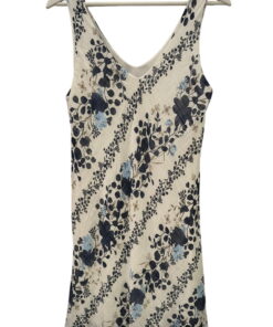 Vestido midi blanco con tirantes para chica, estampado de flores en tonos azules y beiges, escote en V delantero y trasero, y