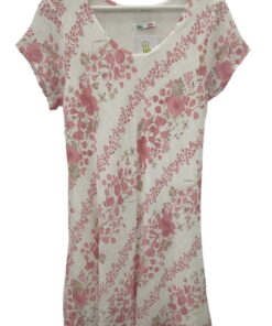 Vestido midi blanco con estampado de flores rosas, manga corta, escote en pico, tejido ligero de algodón y viscosa, corte suL