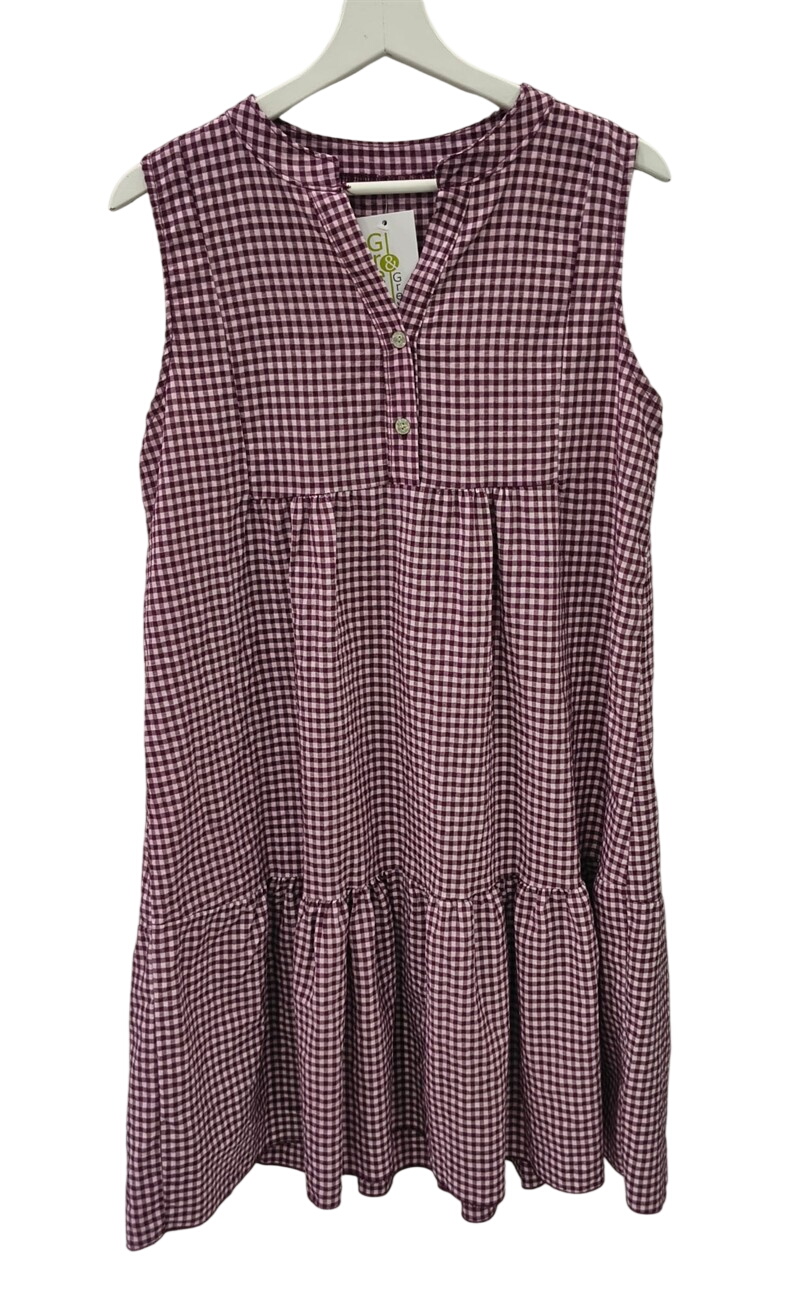 Vestido corto de cuadros vichy en tonos burdeos y blanco para chica, sin mangas, volante discreto en el bajo y escote redondo