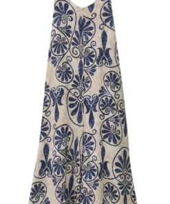 Mono largo de tirantes finos para chica, con estampado floral y arabescos azules sobre fondo claro, corte ancho y tejido flú
