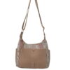 Bolso bandolera en beige claro con panel geométrico en rosa, blanco y negro, asa larga regulable, cierre de cremallera y bols
