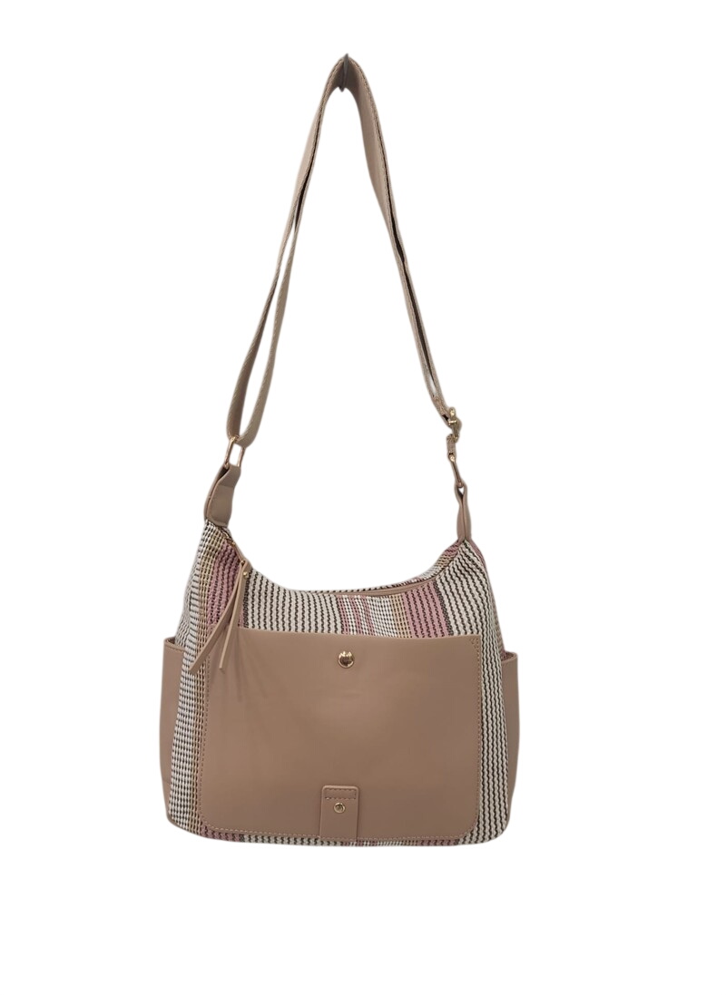 Bolso bandolera en beige claro con panel geométrico en rosa, blanco y negro, asa larga regulable, cierre de cremallera y bols
