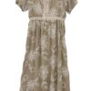Vestido largo de manga corta abullonada en tono beige oliva, con bordados florales blancos, escote en V con encaje y botonadu