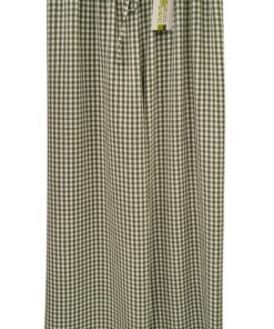 Pantalón largo recto de cuadros vichy en blanco y verde oscuro para chica, con cintura elástica ajustable y lazo a juego, sin