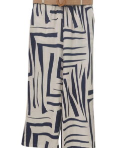 Pantalón flojo largo para chica con estampado asimétrico bicolor en azul marino y blanco, cintura elástica y cinturón trenzad