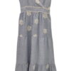 Vestido largo azul claro con tirantes finos, escote cruzado en V, bordados florales color crema y detalles de puntilla, para