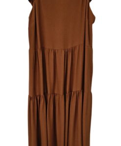 Vestido largo de tirantes en tono marrón terracota con escote recto, detalle de lazo en la espalda y tejido ligero de viscosa