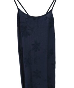 Vestido midi azul oscuro de tirantes finos para chica, corte recto, tejido fluido de viscosa y palmas bordadas en toda la prd