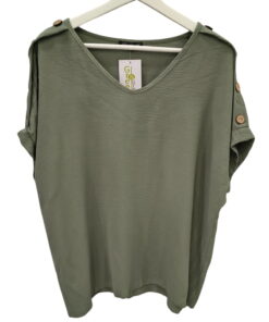 Blusa verde oliva de corte holgado para chica, escote en V, detalles de botones de madera en los hombros, tejido suave de vis