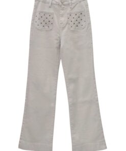 Pantalón vaquero blanco de corte recto para chica, tiro alto, botones metálicos y detalles de tachas decorativas en los bolsí
