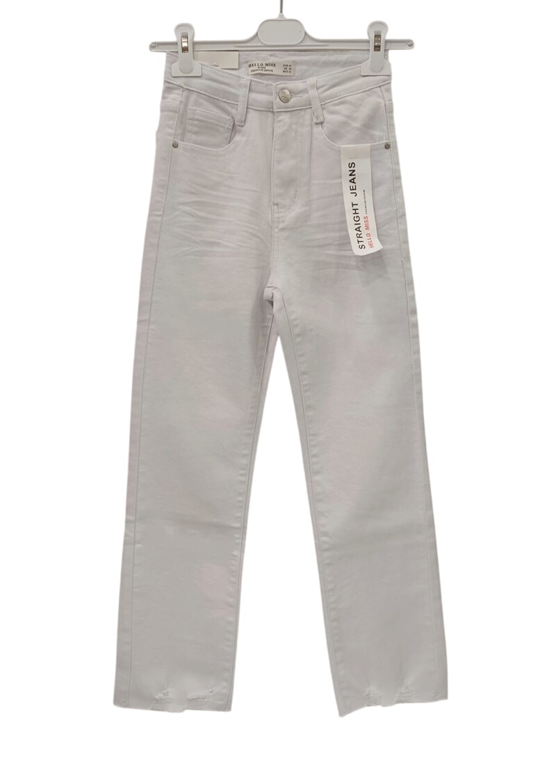 Pantalón vaquero blanco de chica, corte recto, tiro medio y pernera completa con bajo deshilachado, tejido denim de algodón y