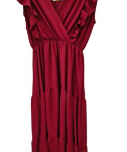 Vestido largo cruzado de punto en color rojo intenso para chica, escote cruzado con volantes, tiras adornadas y falda de capa