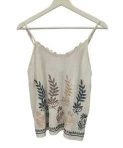Top de tirantes en mezcla de lino y viscosa beige claro para chica, con escote recto, borde ondulado y bordado frontal de hoj