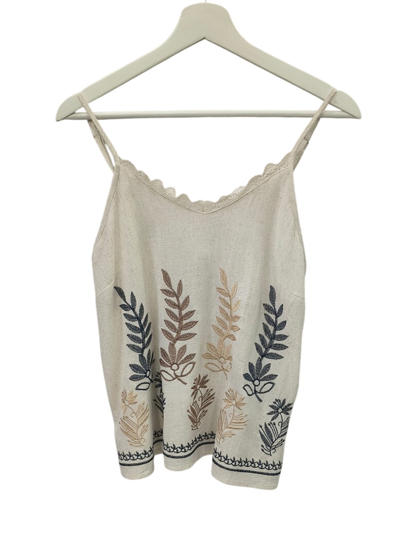 Top de tirantes en mezcla de lino y viscosa beige claro para chica, con escote recto, borde ondulado y bordado frontal de hoj