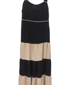 Vestido largo de tirantes anchos para chica, combinación de bloques negros y beige con escote recto y ribete blanco, tejido r