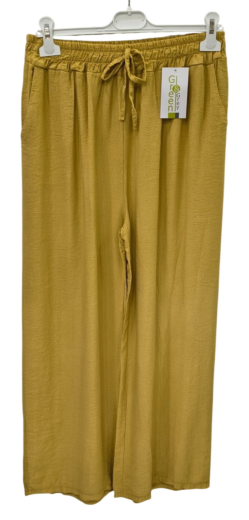 Pantalón largo holgado de verano para chica en color mostaza, tejido 100% viscosa ligero y suave, cintura elástica con cordón