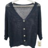 Chaqueta de verano de crochet en color azul oscuro para chica, tejido calado tipo red, corte recto, escote en pico y cinco 5
