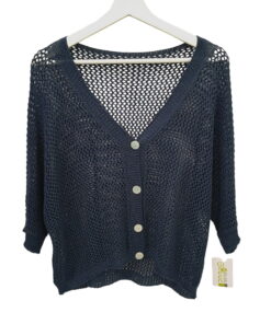 Chaqueta de verano de crochet en color azul oscuro para chica, tejido calado tipo red, corte recto, escote en pico y cinco 5
