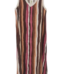 Vestido largo midi para chica, sin mangas, tejido fluido con estampado de rayas pinceladas multicolor en tonos marrón, rosa