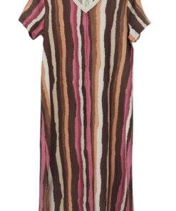 Vestido largo midi de pinceladas multicolor para chica, con rayas verticales irregulares en tonos marrón, rosa, beige y meloc