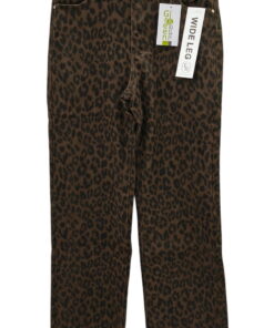 Pantalón vaquero ancho para chica, tejido elástico de algodón con animal print marrón chocolate, corte recto, bolsillos y cre