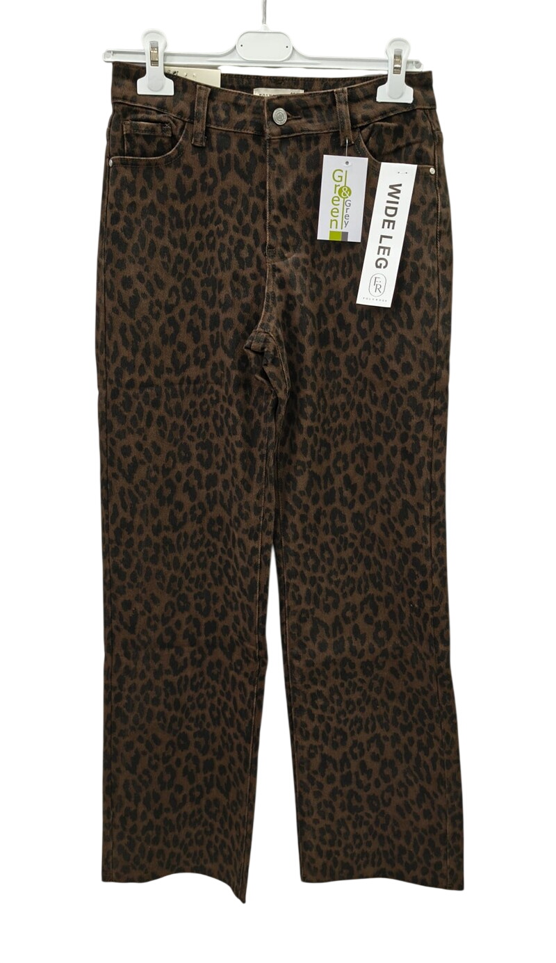 Pantalón vaquero ancho para chica, tejido elástico de algodón con animal print marrón chocolate, corte recto, bolsillos y cre